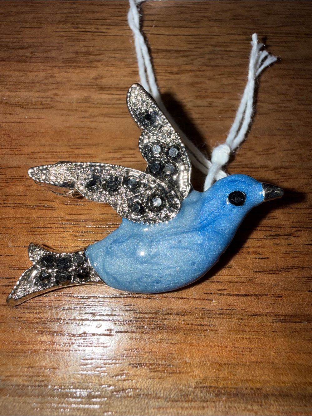 Blue Bird Brooch with Sparkling Silver Wings